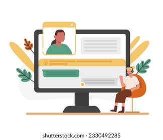 Trabajador de oficina hablando con el cliente vía computadora. Consultas en línea. Trabajo del operador del centro de llamadas, consultores. Comunicación por mensajero, chat, llamada. Ilustración vectorial plana en estilo de dibujos animados