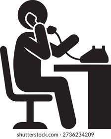 Office worker talking on landline phone icon. Vector silhouette of a person sitting at a desk answering a call.
