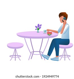 Office worker talking on the phone in a cafe. A character in a cafe at a table at lunchtime. Cartoon style, flat design.