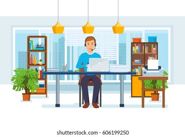 The office worker talks on the microphone, works behind the laptop, in the office on the background of the interior of the room. Vector illustration isolated in cartoon style.