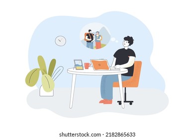 Office worker thinking about hike in cloud. Dream about summer vacation of man sitting at laptop flat vector illustration. Rest, holidays concept for banner, website design or landing web page