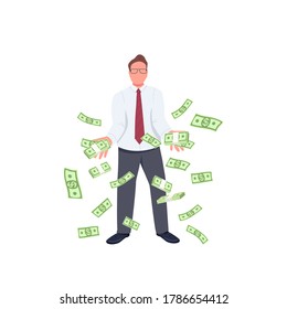 Office worker throwing money up flat color vector faceless character. Financial success. Successful employee with falling money isolated cartoon illustration for web graphic design and animation