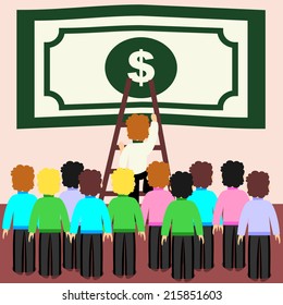 Office Worker Tries to Get a Dollar. Concept of Rivalry and Competition. Business Vector Illustration.