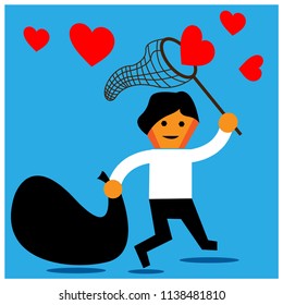 Office Worker trying to catch flying love with a butterfly net.The Vector Illustration is showing the concept of how to earn a lot of love.