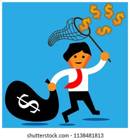 Office Worker trying to catch flying money with a butterfly net.The Vector Illustration is showing the concept of how to earn a lot of money.