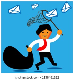Office Worker trying to catch flying feedback with a butterfly net.The Vector Illustration is showing the concept of how to earn a lot of feedback.