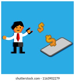 Office Worker trying to catch money with magnet.The Vector Illustration is showing the concept of how to earn a lot of money.