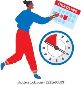 Office worker trying to keep up with schedule and plan. Short on time before deadline. Businessman running fast in front of clock. Business urgency concept. Time pressure, competition, hurrying man