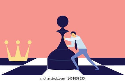 Office worker trying to push pawn to crown on chess board. Career development concept illustration. Man in office suit on chessboard. Manager or clerk trying to achieve goal. Flat cartoon vector