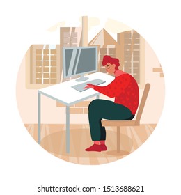 Office Worker Typing on Computer Keyboard Cartoon. Man Working on Computer at Workspace. Flat Comfortable Workplace. Businessman, Employee, Executive Manager, Worker, Freelancer. Vector Illustration