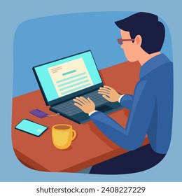 Office worker typing on laptop flat vector illustration. Man in eyeglasses using laptop and smartphone and drinking coffee while working. Work concept