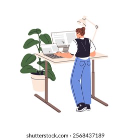 Office worker typing on laptop at the standing desk back view. Employee works in desktop computer at the adjustable table, ergonomic workstation. Flat isolated vector illustration on white background