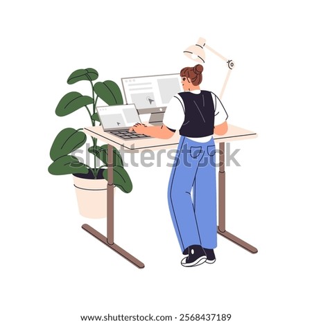 Office worker typing on laptop at the standing desk back view. Employee works in desktop computer at the adjustable table, ergonomic workstation. Flat isolated vector illustration on white background