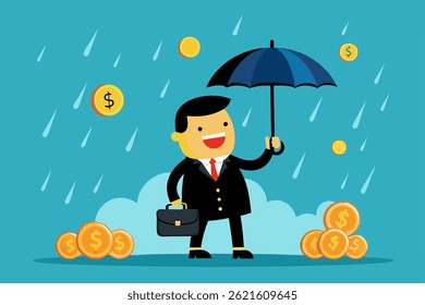 Office worker with umbrella under falling money, symbolizing wealth and financial security. Great for business, success, and investment themes. Flat cartoon illustration.