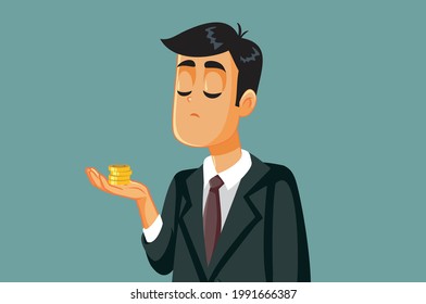 Office Worker Upset about Payment Cut Salary Deduction During Financial Crisis. Sad businessman holding a few coins experiencing bankruptcy and economic problems
