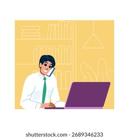 Office worker using a laptop and smartphone, managing tasks remotely while enjoying a comfortable workspace, enhancing productivity and professional communication