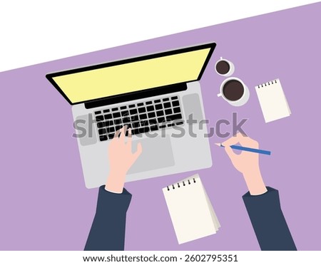 Office worker using laptop and taking notes, working from home or office workplace, business concept illustration