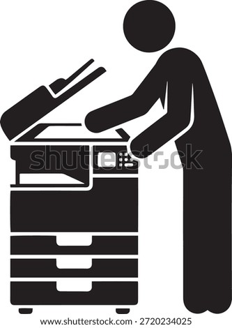 Office worker using a photocopy machine vector icon. Employee printing, scanning, or copying documents on office equipment. Administration concept.