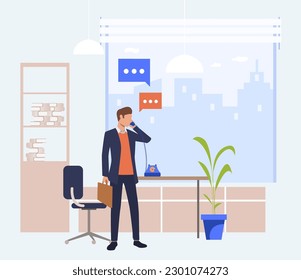 Office worker using retro telephone vector illustration. Male assistant calling partners or colleagues at work, discussing business. Communication, partnership, management concept