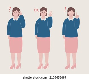 An office worker with various gestures illustration set. gesture, winner, smile. Vector drawing. Hand drawn style.