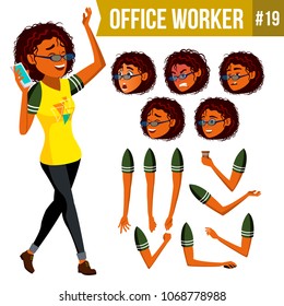 Office Worker Vector. African Black Woman. Modern Employee, Laborer. Business Woman. Face Emotions, Various Gestures. Animation Creation Set. Flat Cartoon Illustration