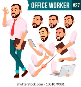 Office Worker Vector. Animation Creation Set. Businessman Worker. Happy Job. Partner, Clerk, Servant, Employee. Isolated Flat Cartoon Illustration