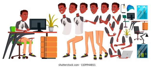 Office Worker Vector. Animation Creation Set. Black. African. Emotions, Gestures. Animated Elements. Office Generator. Businessman Human. Modern Cabinet Employee, Workman Laborer. Cartoon Illustration