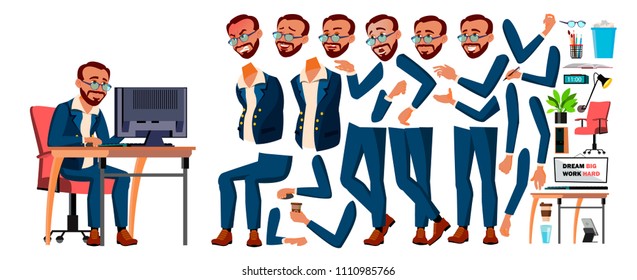 Office Worker Vector. Animation Creation Set. Businessman Worker. Lifestyle Generator. Animated Elements. Front, Side View. Job. Partner, Clerk, Servant, Employee. Cartoon Illustration