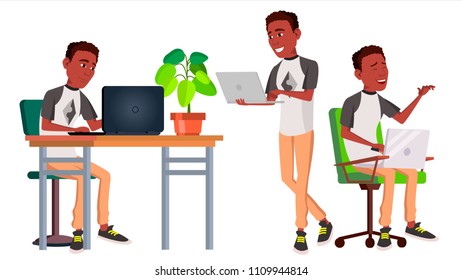 Office Worker Vector. Black. African. Poses. Adult Business Male. Successful Corporate Officer, Clerk, Servant. Isolated Flat Character Illustration
