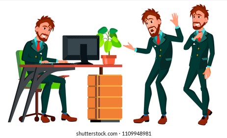 Office Worker Vector. Business Human. Poses. Smiling Manager, Servant, Workman, Officer. Flat Character Illustration
