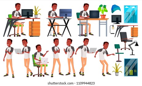 Office Worker Vector. Businessman Worker. Black. African. Poses.  Front, Side View. Happy Job. Partner, Clerk, Servant, Employee. Isolated Flat Cartoon Illustration