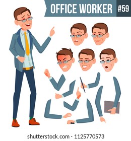 Office Worker Vector. Emotions, Gestures. Animation Creation Set. Business Person. Career. Modern Employee, Workman. Isolated Flat Cartoon Character Illustration