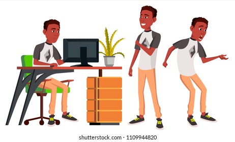 Office Worker Vector. Emotions. Lifestyle. Black. African. Business Person. Poses. Front, Side View. Career. Modern Employee, Workman. Isolated Flat Cartoon Character Illustration