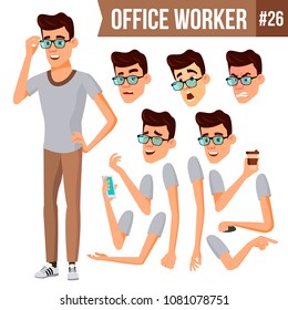 Office Worker Vector. Face Emotions, Various Gestures. Business Human. Smiling Manager, Servant, Workman, Officer. Flat Character Illustration
