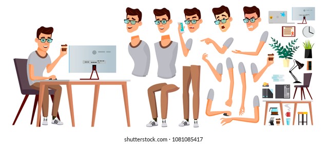 Office Worker Vector. Face Emotions, Various Gestures. Animation Creation Set. Businessman Person. Smiling Executive, Servant, Workman, Officer. Isolated Character Illustration