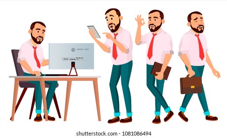 Office Worker Vector. Face Emotions, Various Gestures. Creation Set. Business Worker. Career. Professional Workman, Officer, Clerk. Flat Cartoon Illustration

