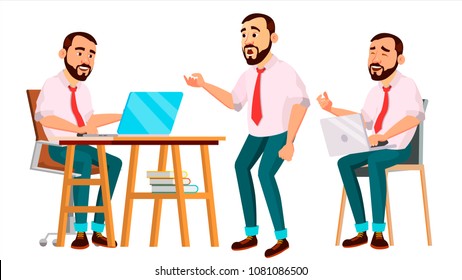 Office Worker Vector. Face Emotions, Various Gestures. Creation Set. Corporate Businessman Male. Successful Officer, Clerk, Servant. Isolated Cartoon Illustration
