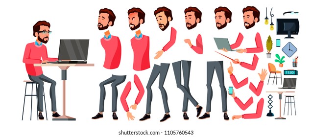 Vector de Office Worker. Enfrentar Emociones, Varios Gestos. Conjunto de creación de animación. Trabajador de negocios. Feliz Trabajo. Socio, empleado, empleado, empleado. Ilustración de dibujos planos aislados