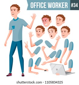 Office Worker Vector. Face Emotions, Various Gestures. Animation. Business Worker. Career. Professional Workman, Officer, Clerk. Flat Cartoon Illustration