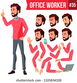 Office Worker Vector. Face Emotions, Various Gestures. Animation Creation Set. Corporate Businessman Male. Isolated Cartoon Illustration