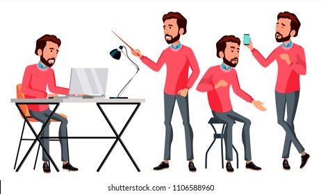 Office Worker Vector. Face Emotions, Various Gestures.  Adult Entrepreneur Business Man. Happy Clerk, Servant, Employee. Isolated Flat Illustration