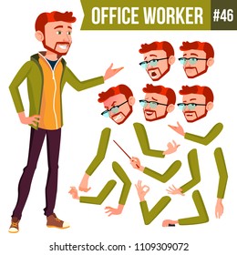 Office Worker Vector. Face Emotions, Various Gestures. Red Head, Ginger Animation Creation Set. Businessman Worker. Happy Job. Partner, Clerk, Servant, Employee. Isolated Flat Cartoon Illustration