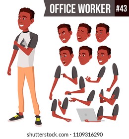 Office Worker Vector. Face Emotions, African, Black. Various Gestures. Animation Creation Set. Business Person. Career. Modern Employee, Workman, Laborer. Isolated Flat Cartoon Character Illustration