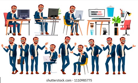 Office Worker Vector. Face Emotions, Various Gestures. In Action. Businessman Male. Isolated Cartoon Illustration
