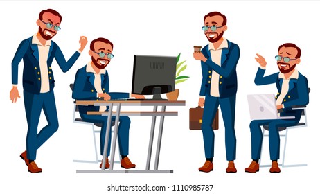 Office Worker Vector. Face Emotions, Gestures. Poses. Businessman Person. Front, Side View. Smiling Executive, Servant, Workman, Officer. Isolated Character Illustration
