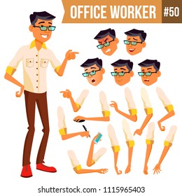 Office Worker Vector. Face Emotions, Various Gestures. Animation Creation Set. Businessman Person. Korean, Thai, Vietnamese.Smiling Executive, Servant, Workman, Officer. Character Illustration