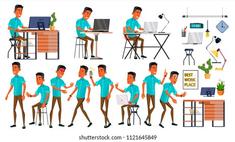Office Worker Vector. Face Emotions, Various Gestures. Business Man. Professional Cabinet Workman, Officer, Clerk. Isolated Cartoon Character Illustration