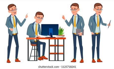 Office Worker Vector. Face Emotions, Various Gestures. Businessman Worker. Happy Job. Partner, Clerk, Servant, Employee. Isolated Flat Cartoon Illustration