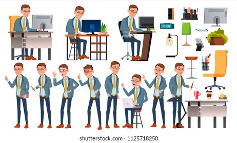 Office Worker Vector. Face Emotions, Various Gestures. Businessman Person. Smiling Executive, Servant, Workman, Officer. Isolated Character Illustration