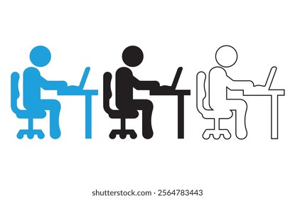 Office worker vector icon isolated on white background. Working place at the table with a laptop